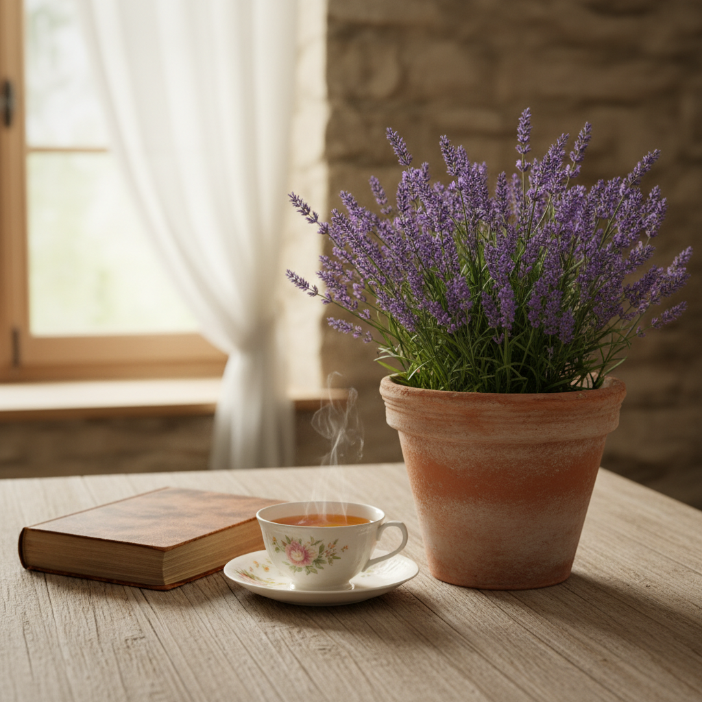 Stylowa, terakotowa doniczka z kwitnącą lawendą stoi na drewnianym stole obok książki i filiżanki herbaty. Kompozycja jest spokojna i relaksująca, w stylu rustykalnym lub prowansalskim.