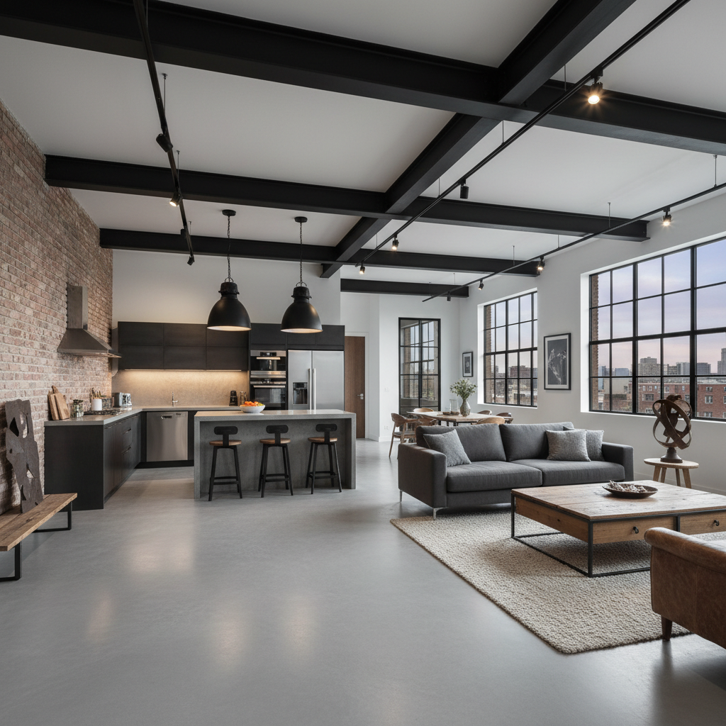 Nowoczesne, industrialne wnętrze typu loft z otwartą kuchnią i salonem. Całą przestrzeń pokrywa gładka, szara posadzka z mikrocementu, która płynnie łączy obie strefy. Surowość podłogi kontrastuje z ciepłem ceglanej ściany i metalowymi elementami wyposażenia.