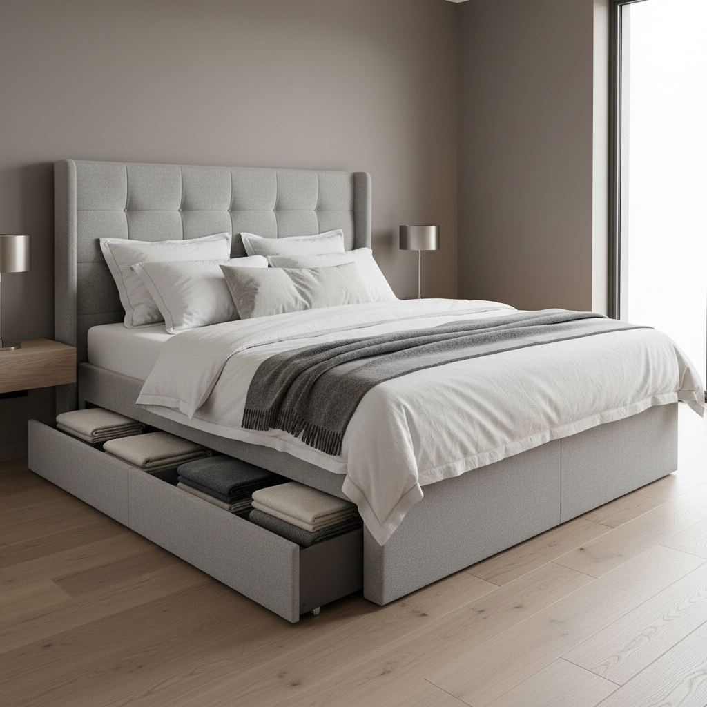 Stylowe, tapicerowane łóżko w nowoczesnej sypialni. Jedna z bocznych szuflad w podstawie łóżka jest wysunięta, ukazując schludnie złożone koce. Na łóżku leży elegancka pościel, a cała aranżacja podkreśla, jak funkcjonalność może iść w parze z doskonałym designem. Wnętrze jest minimalistyczne, w odcieniach szarości i drewna.