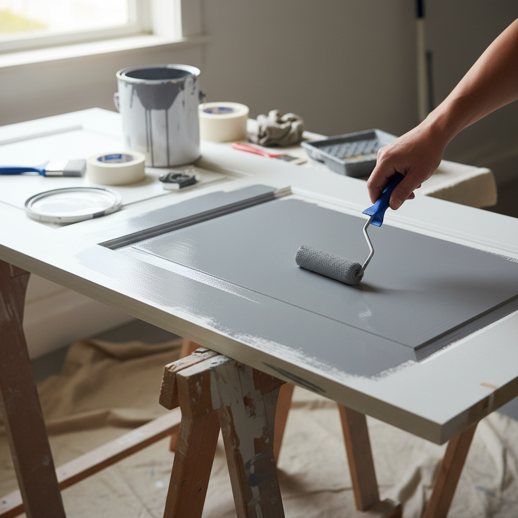 Ujęcie z perspektywy osoby malującej drzwi. Widać dłoń trzymającą mały wałek malarski, którym nakładana jest gładka warstwa szarej farby na białe, zdemontowane drzwi leżące na kozłach malarskich. W tle widać otwartą puszkę farby i inne narzędzia malarskie.