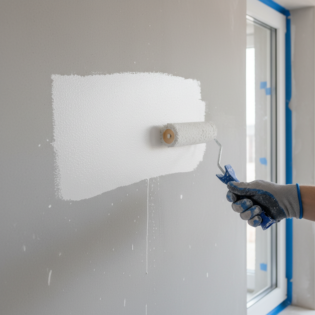 ujęcie z perspektywy malarza. Widać dłoń w rękawicy roboczej, trzymającą wałek malarski, którym równomiernie nakładana jest biała farba podkładowa na gładką, szarą ścianę gipsową. Ruch wałka jest płynny i pewny. W tle widać fragment zabezpieczonej taśmą malarską framugi okna.