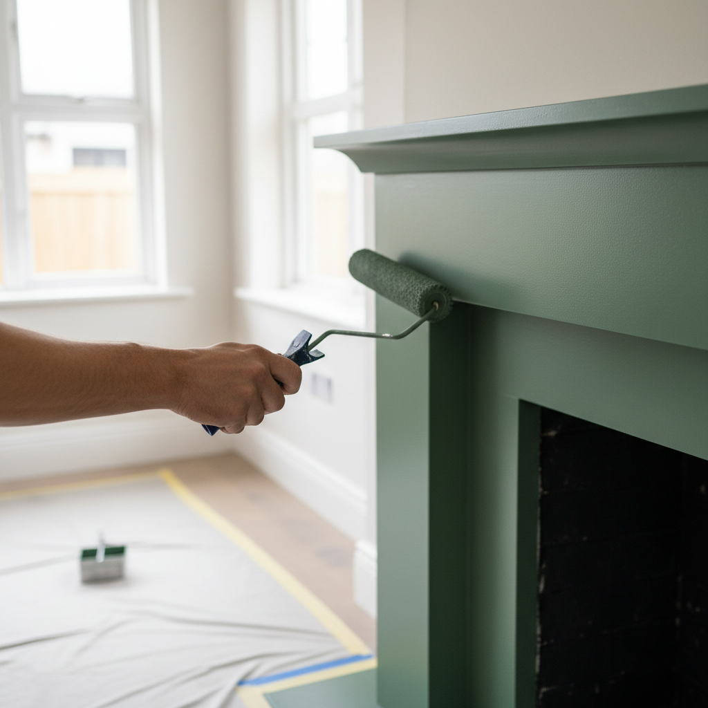 Zbliżenie na dłoń trzymającą wałek malarski, którym starannie malowana jest gładka, zagruntowana powierzchnia obudowy kominka z płyty gipsowo-kartonowej. Farba ma piękny, głęboki, matowy odcień szałwiowej zieleni. W tle widać fragment czystego, przygotowanego do malowania salonu.