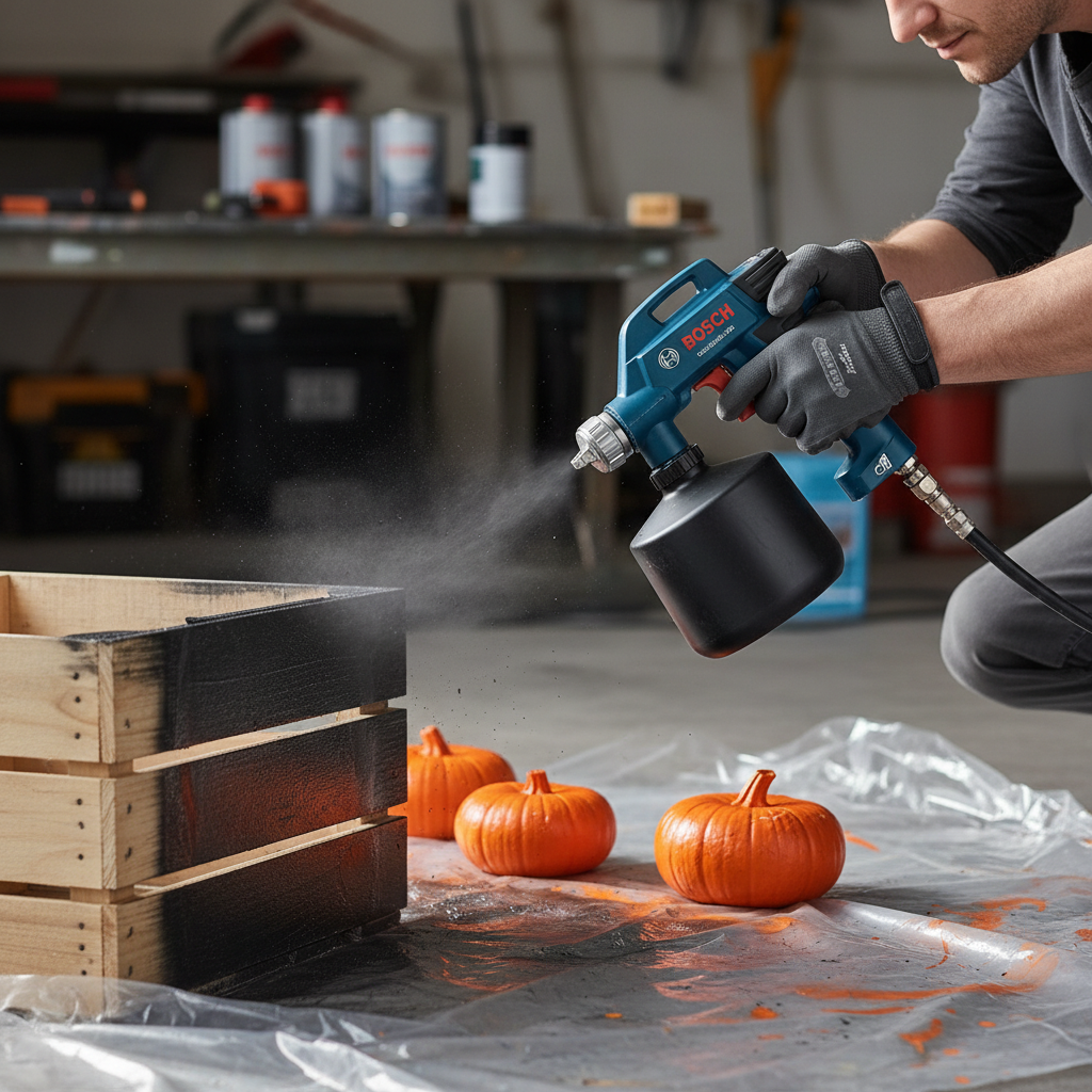 Osoba w rękawicach roboczych trzyma system natryskowy Bosch i maluje na czarno drewnianą skrzynkę. Obok, na folii malarskiej, leżą pomalowane na pomarańczowo elementy dyni. Scena uchwycona w trakcie dynamicznej pracy, z widoczną mgiełką farby, co podkreśla profesjonalizm i łatwość użycia narzędzia.