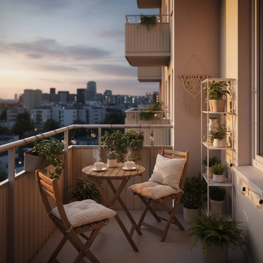 Przytulny, mały balkon w bloku skąpany w ciepłym świetle zachodzącego słońca. Na balkonie znajduje się mały, okrągły stolik z dwiema filiżankami kawy, dwa składane drewniane krzesła z miękkimi poduszkami oraz mnóstwo zielonych roślin w doniczkach zawieszonych na balustradzie i stojących na ażurowym regale. W tle widać panoramę miasta o zmierzchu. Estetyka jest ciepła, skandynawska, z elementami boho.