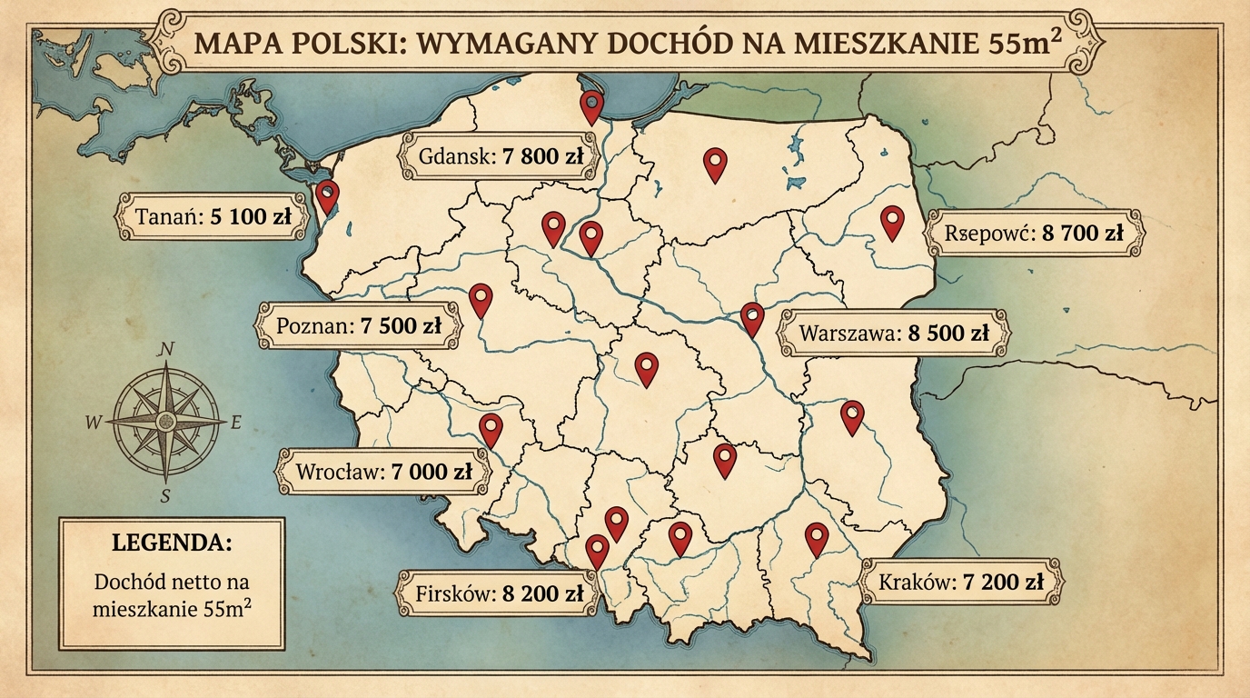 stylizowana mapa Polski z zaznaczonymi głównymi miastami i informacją o wymaganych dochodach netto na zakup mieszkania 55m2