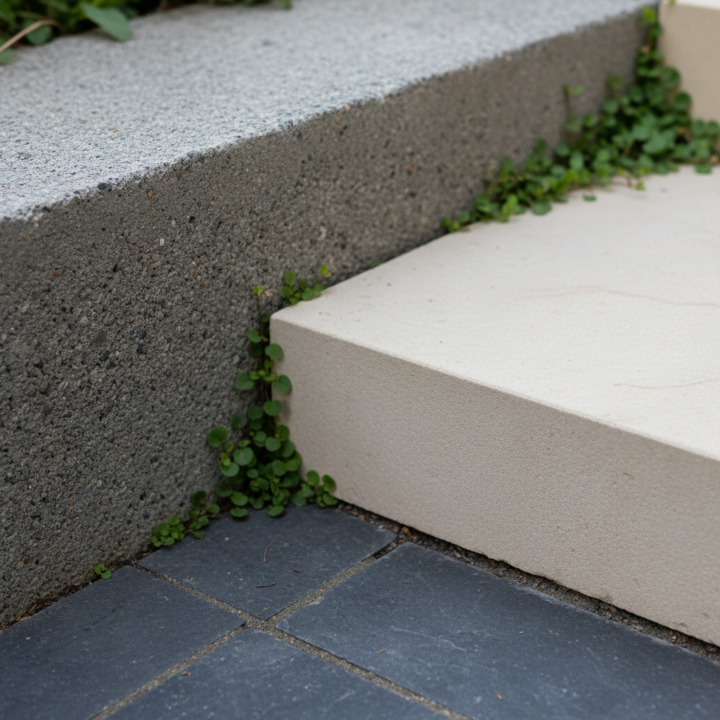 Zbliżenie na krawędź schodów ogrodowych, ukazujące różnorodność materiałów: szary, teksturowany blok betonowy, ciemną, elegancką kostkę brukową i dużą, jasną płytę z piaskowca. Wokół stopni rosną drobne, zielone rośliny, podkreślając naturalne połączenie architektury z przyrodą. Delikatne, rozproszone światło wydobywa fakturę każdego z materiałów.