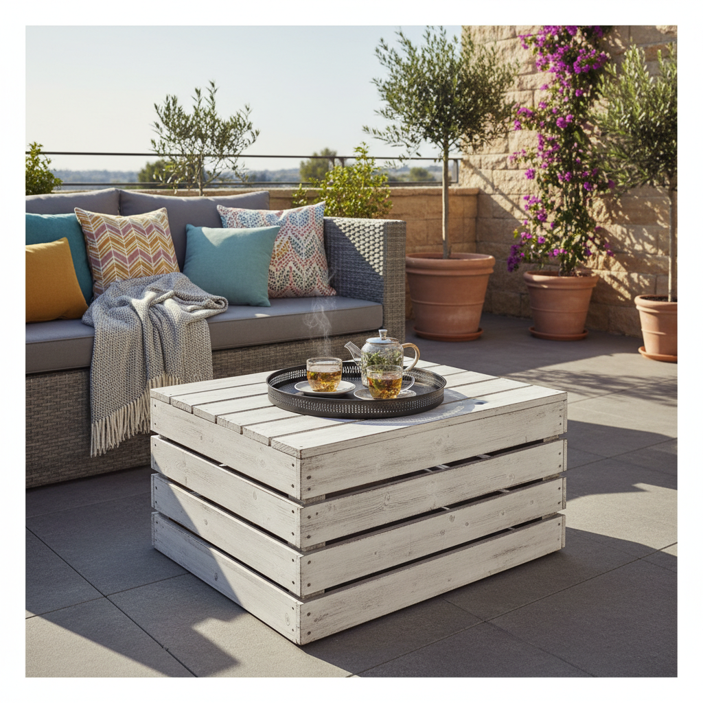Stylowy kącik wypoczynkowy na tarasie. W centrum znajduje się drewniana, ażurowa skrzynia, która pełni funkcję stolika kawowego. Na skrzyni stoi taca z dwiema filiżankami herbaty. Obok skrzyni widać fragment wygodnej sofy ogrodowej z kolorowymi poduszkami. Całość tworzy przytulną i funkcjonalną aranżację.