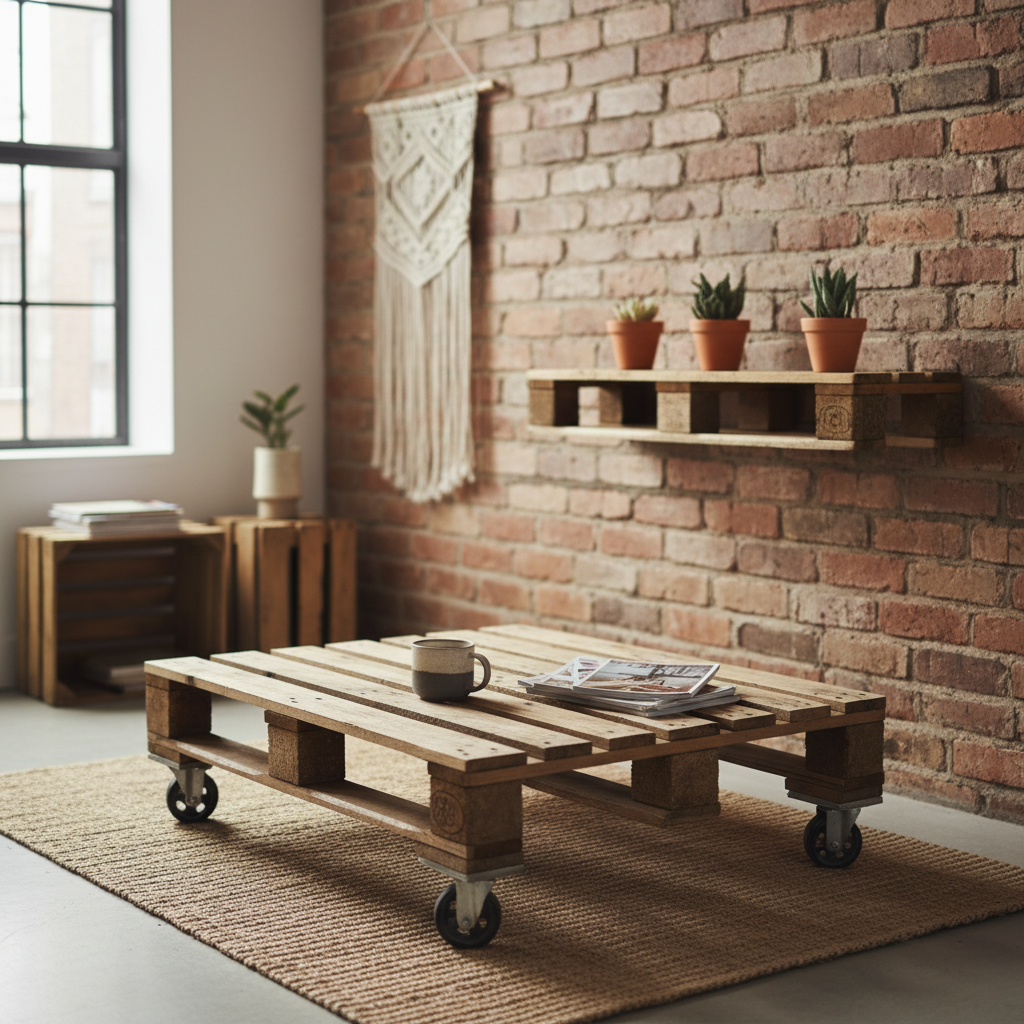 Kreatywny kącik w mieszkaniu urządzonym w stylu ekologicznym. Na ścianie z surowej cegły wisi półka zrobiona z fragmentu drewnianej palety, na której stoją małe sukulenty w glinianych doniczkach. Poniżej znajduje się niski stolik kawowy zrobiony z całej palety, na którym leży kilka magazynów wnętrzarskich i filiżanka z kawą. W tle widać fragmenty innych mebli DIY, co tworzy spójną, artystyczną i przyjazną dla środowiska przestrzeń.