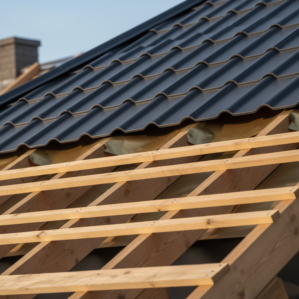 Estetyczne ujęcie przekroju dachu, gdzie widać poszczególne warstwy: krokwie, złotą lub szarą membranę dachową, kontrłaty i łaty, a na samej górze elegancką, grafitową blachodachówkę. Światło delikatnie oświetla strukturę, podkreślając każdy element i jego rolę w systemie.