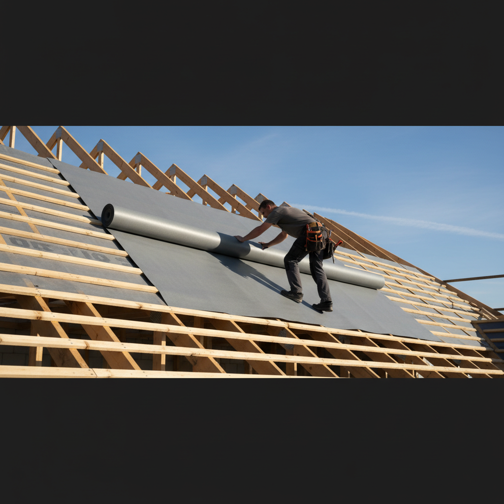 Szeroki kadr ukazujący dekarza profesjonalnie rozkładającego rolkę nowoczesnej, szarej membrany wstępnego krycia na krokwiach dachu w trakcie budowy. W tle widać błękitne niebo i szkielet drewnianej więźby. Zdjęcie podkreśla techniczny aspekt i precyzję pracy.