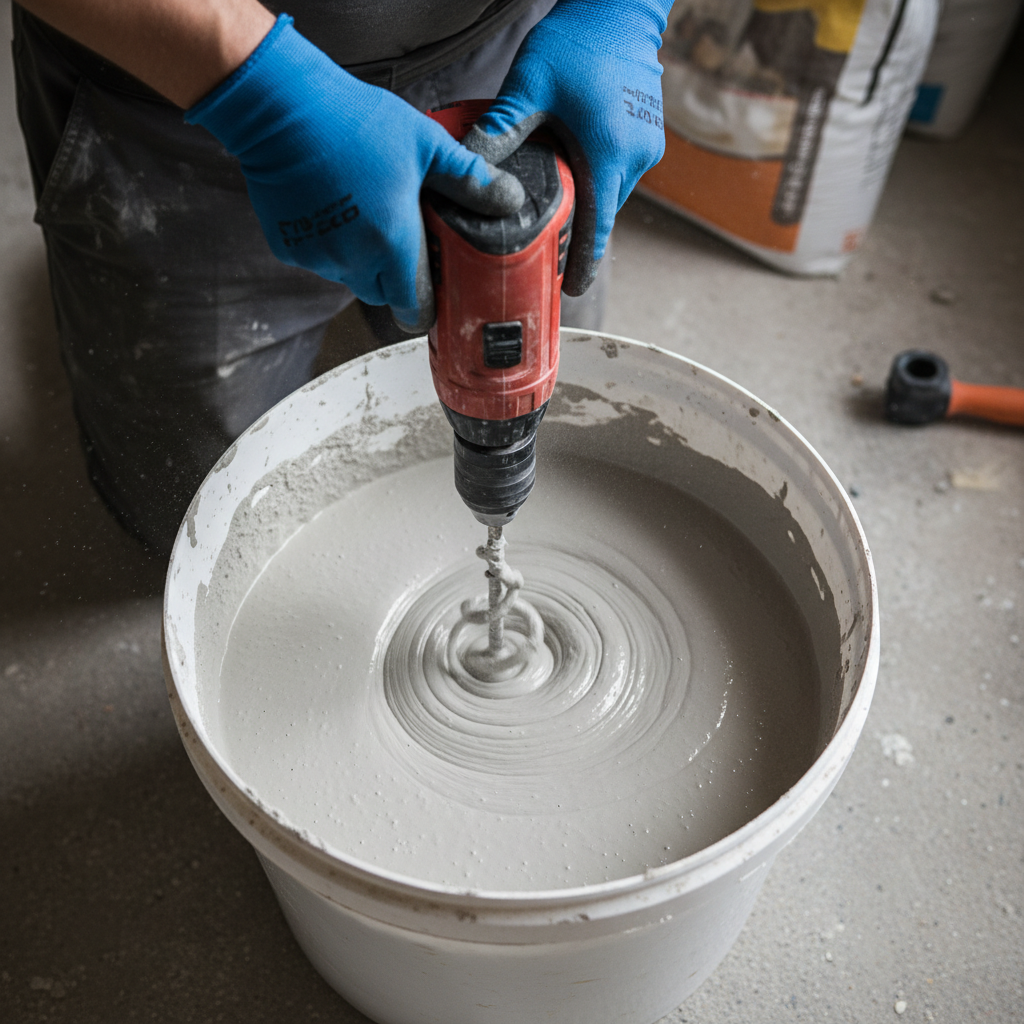 Widok z góry na mieszadło zanurzone w wiadrze z zaprawą gipsową, napędzane przez wiertarkę wolnoobrotową trzymaną przez pracownika. Wokół widać delikatne wiry w masie, która nabiera jednolitej konsystencji. Tło jest lekko rozmyte, skupiając uwagę na procesie mieszania.