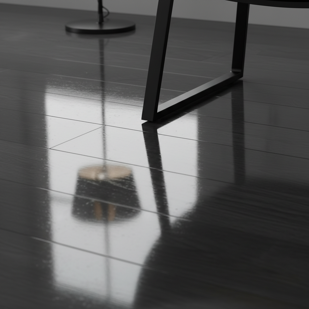 Zbliżenie na fragment podłogi z paneli o wysokim połysku w odcieniu grafitu. Na podłodze stoi designerska, czarna metalowa noga od fotela. W lśniącej powierzchni podłogi widać rozmyte odbicie nowoczesnej lampy i okna, co podkreśla jej lustrzany charakter i głębię koloru.