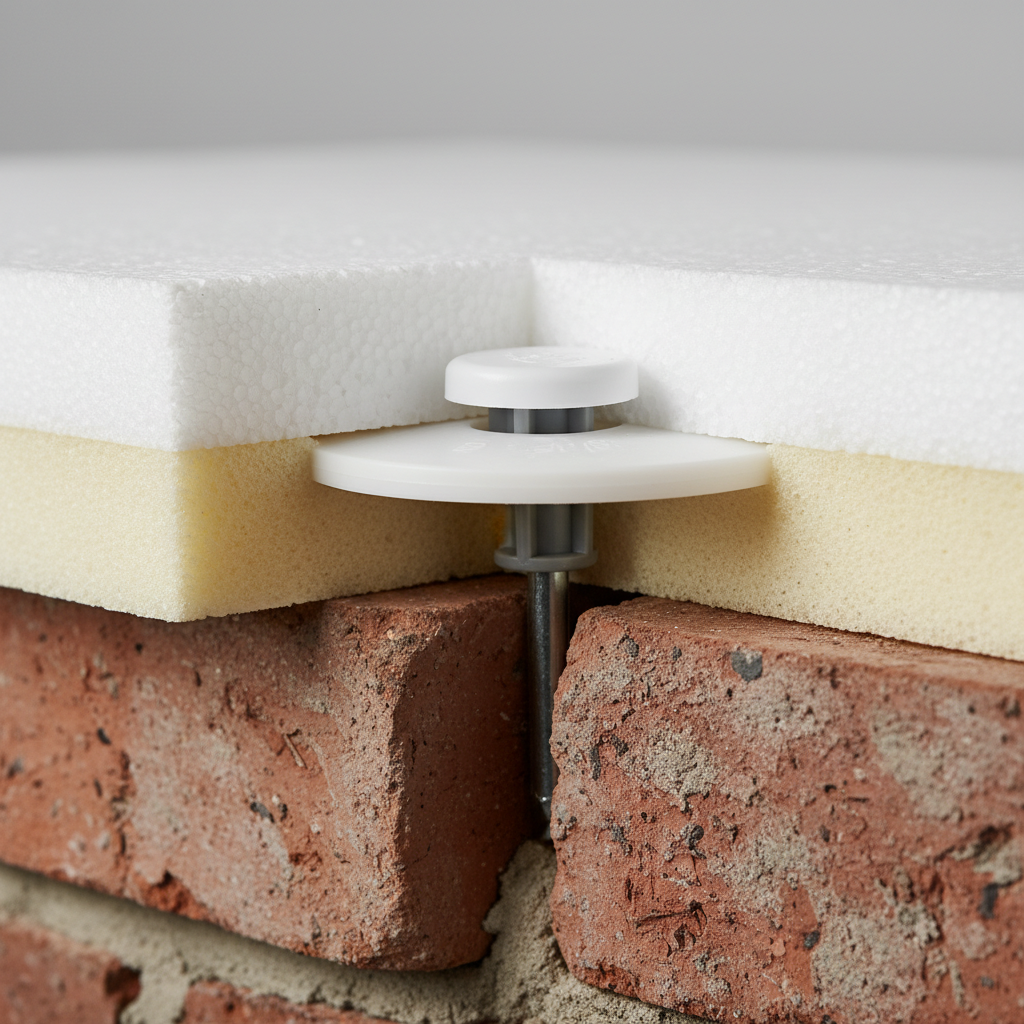Makro ujęcie pokazujące kołek do termoizolacji (łącznik mechaniczny) wbijany przez dwie warstwy styropianu (nową i starą) aż do ceglanego muru nośnego. Widać przekrój materiałów, co ilustruje głębokość i solidność zakotwienia. Kadr jest techniczny, czysty, skupiony na detalu mocowania.
