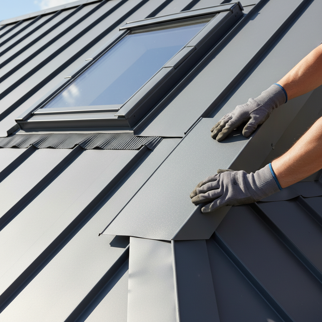 Zbliżenie na dłonie dekarza w rękawicach, który precyzyjnie dopasowuje i zatrzaskuje niewielki panel blachy modułowej na dachu o skomplikowanym kształcie, z widocznym oknem dachowym w pobliżu. Światło słoneczne podkreśla teksturę i powłokę blachy.