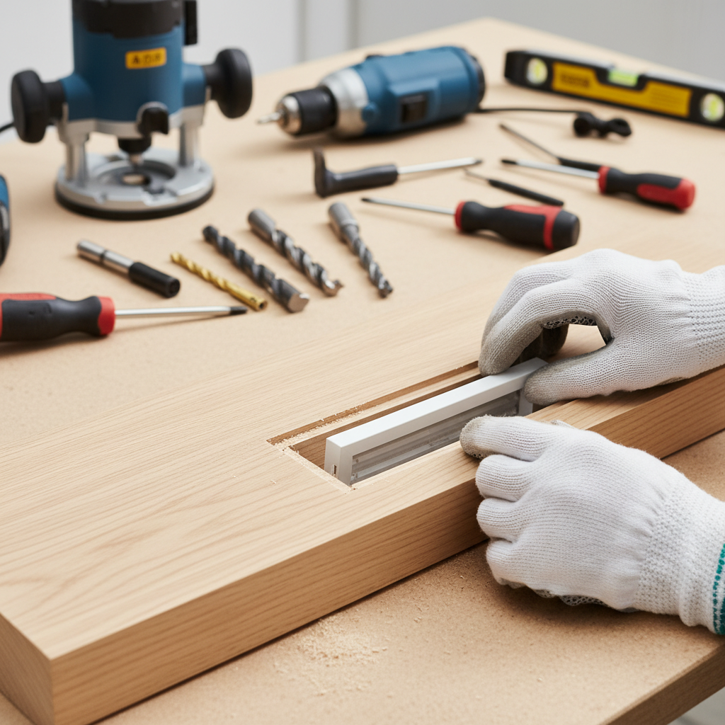 Dłonie profesjonalnego instalatora w czystych rękawicach roboczych, który precyzyjnie montuje element nawiewnika w wyfrezowanym otworze w drewnianej ramie okiennej. W tle widać specjalistyczne narzędzia, co podkreśla fachowość i precyzję wykonania.