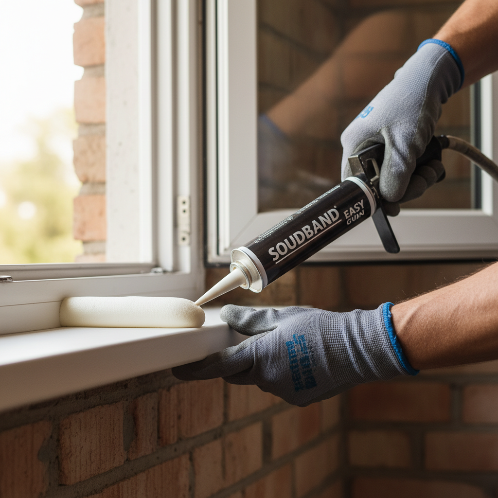 Ujęcie z bliska na dłonie pracownika w rękawicach roboczych, który precyzyjnie aplikuje klej Soudabond Easy z aplikatora Genius Gun na spód białego parapetu. W tle widać surową ścianę z cegły i otwarte okno. Zdjęcie ma ciepłą, naturalną kolorystykę.