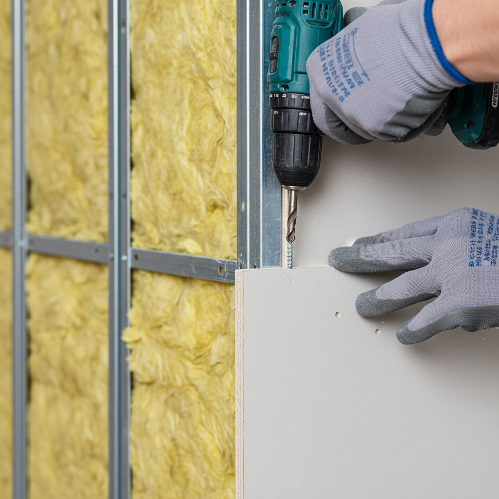 Ujęcie z bliska dłoni fachowca w rękawicach roboczych, który przykręca wkrętem płytę gipsowo-kartonową do metalowego Profilu V. W tle widać konstrukcję z profili CD 60 i żółtą wełnę mineralną. Kadr jest dynamiczny i skupia się na precyzji wykonania.