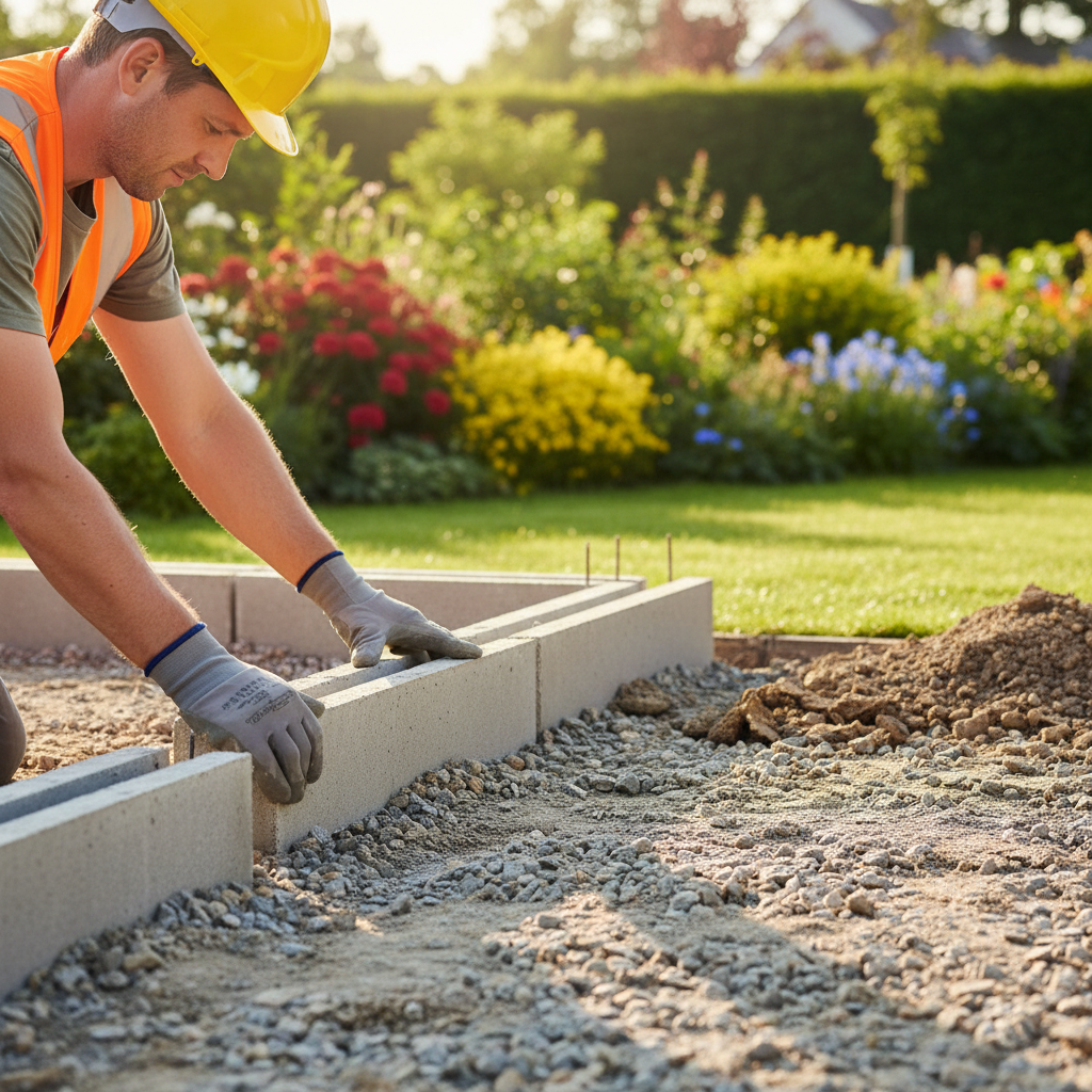 Ujęcie z perspektywy człowieka pokazujące pracownika w rękawicach roboczych, który precyzyjnie układa betonowy element L-ka na przygotowanym podłożu. Widać już fragment ułożonej konstrukcji. W tle rozpościera się ogród w słoneczny dzień, co nadaje scenie pozytywnego, budowlanego charakteru.