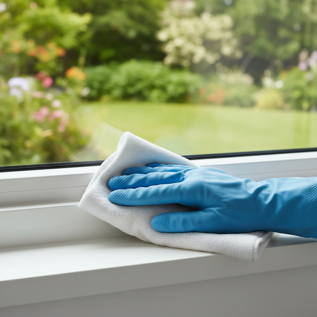 Zbliżenie na dłoń w gumowej rękawiczce, która delikatnie przeciera czystą, białą ramę okna PVC miękką, białą ściereczką z mikrofibry. W tle widać fragment zielonego ogrodu za szybą.