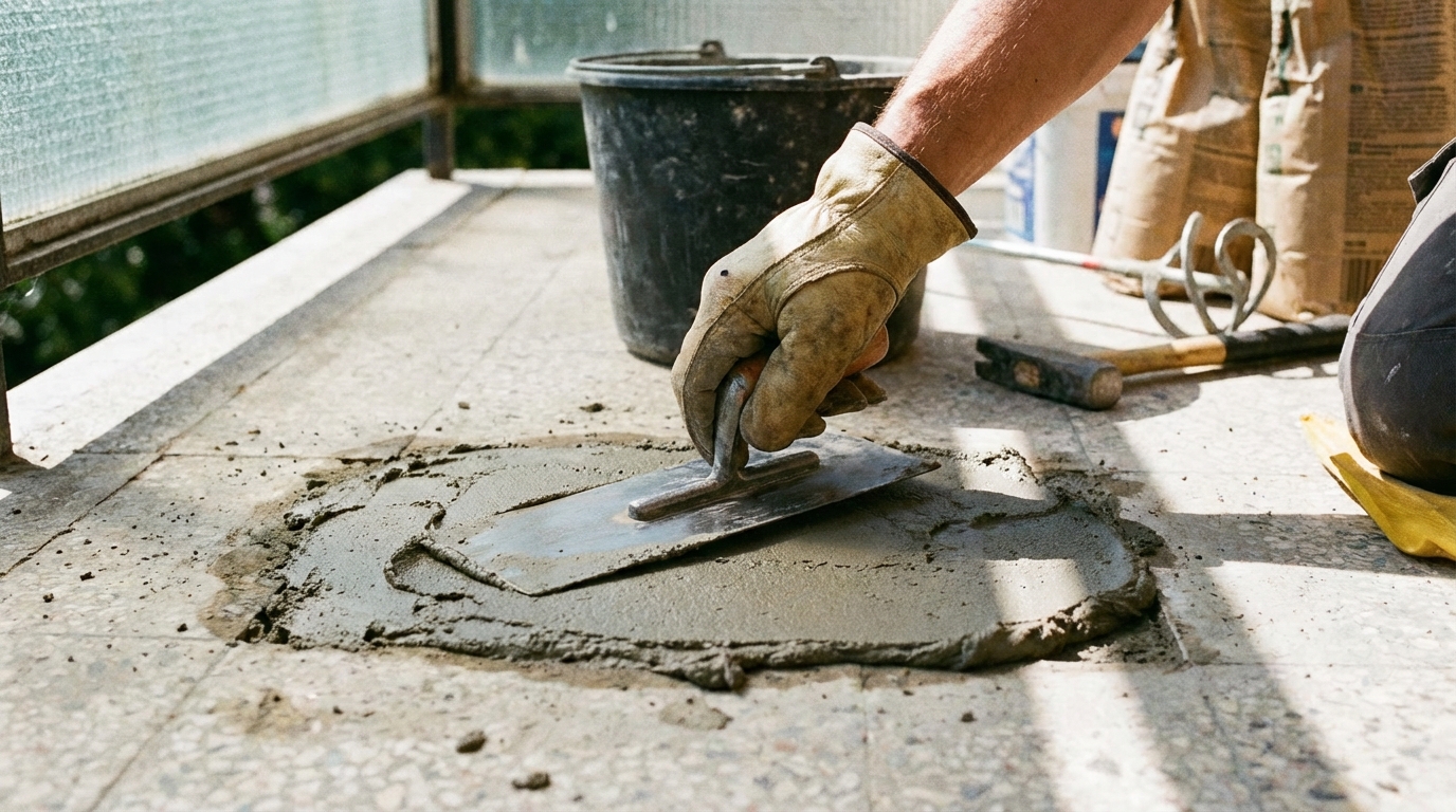 Ujęcie dłoni w rękawicy roboczej, która za pomocą pacy stalowej starannie nakłada i wygładza szarą zaprawę wyrównawczą w naprawianym ubytku na balkonie. W tle widać narzędzia remontowe, co podkreśla charakter pracy DIY.