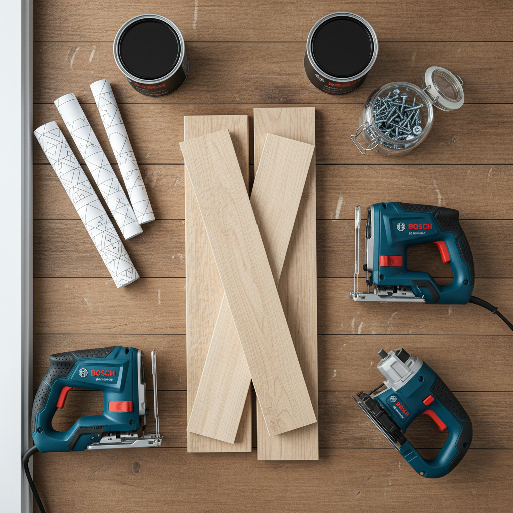 Stylowa kompozycja typu flat lay na drewnianym stole warsztatowym. W centrum leżą deski, a wokół nich symetrycznie ułożone narzędzia Bosch: wyrzynarka, wkrętarka, szlifierka. Obok stoją puszki z czarną i pomarańczową farbą, słoik z wkrętami oraz zwinięte wydruki szablonów. Całość jest dobrze oświetlona i estetyczna.
