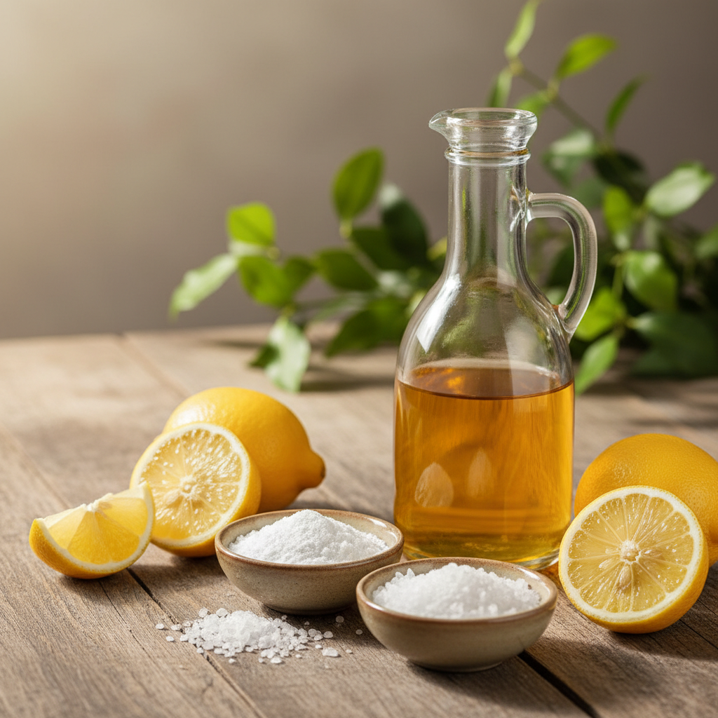 Estetyczna kompozycja na drewnianym stole: szklana butelka z octem, miseczka z białą sodą oczyszczoną, druga z gruboziarnistą solą oraz przekrojone na pół, soczyste cytryny. W tle delikatne, zielone liście. Ciepłe, naturalne oświetlenie.
