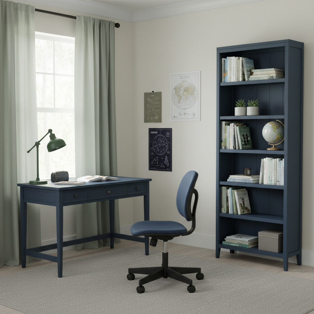 Kącik do nauki w pokoju chłopca. Ściany są w kolorze złamanej bieli, biurko i regał są w kolorze głębokiego granatu. Na oknie wiszą spokojne, szałwiowo-zielone zasłony, a na biurku stoi zielona lampka. Wnętrze jest spokojne i sprzyja koncentracji.