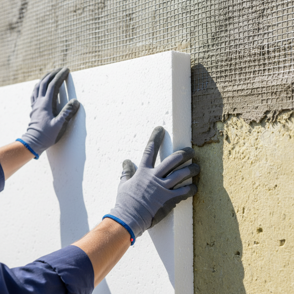 Zdjęcie w zbliżeniu pokazujące ręce fachowca w rękawicach roboczych, który starannie dociska nową, grubą płytę białego styropianu do istniejącej, starszej warstwy ocieplenia. W tle widać fragment odnawianej ściany z siatką zbrojącą i klejem. Scena jest dobrze oświetlona, podkreślając precyzję i czystość pracy.
