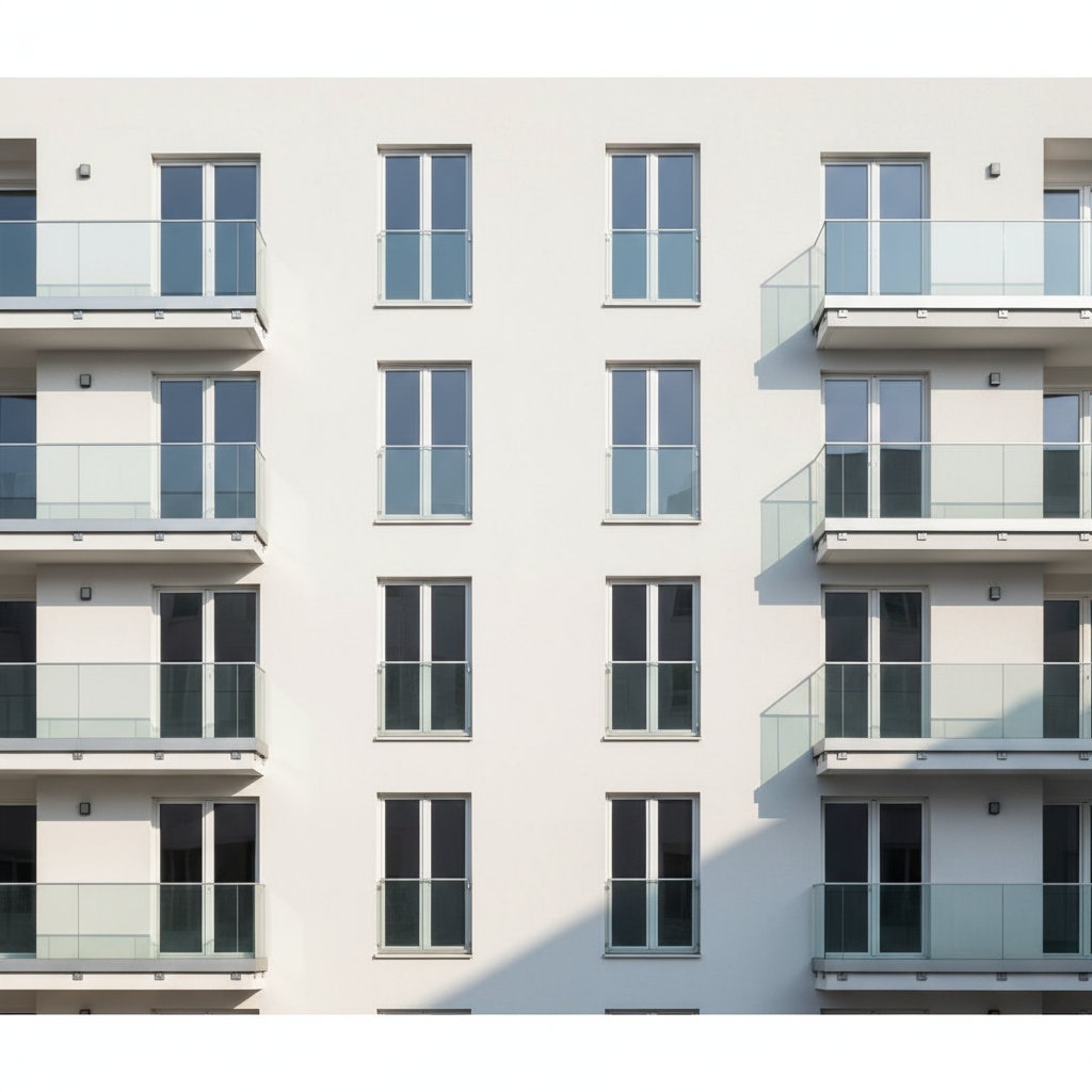 Minimalistyczna, biała elewacja nowoczesnego budynku apartamentowego, z rytmicznie rozmieszczonymi portfenetrami zabezpieczonymi szklanymi balustradami. Słońce rzuca delikatne cienie, podkreślając czystą geometrię architektury.