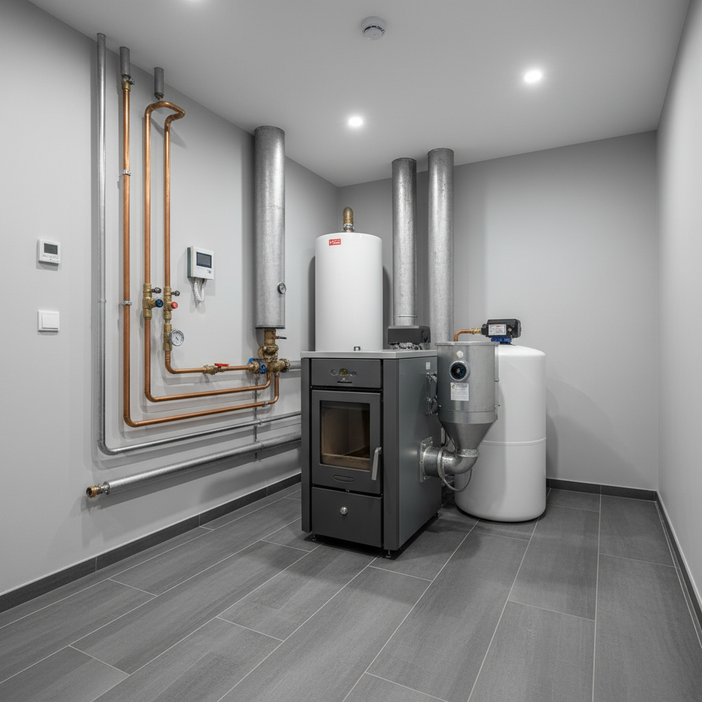 Czysta, dobrze oświetlona, nowoczesna kotłownia w domu jednorodzinnym. W centralnym punkcie znajduje się zaawansowany kocioł na paliwo stałe z podajnikiem. Ściany są jasne, a podłoga wyłożona estetycznymi, niepalnymi płytkami. Widać elementy instalacji, takie jak miedziane rury, wykonane starannie i profesjonalnie. Całość sprawia wrażenie bezpiecznego, zorganizowanego i nowoczesnego pomieszczenia technicznego.