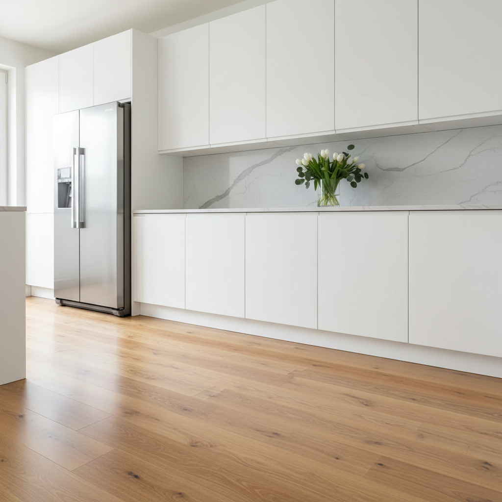 Jasna, nowoczesna kuchnia z białymi, bezuchwytowymi szafkami i blatem imitującym marmur. Na podłodze położone są panele z wysokim połyskiem w kolorze jasnego dębu, które dodają wnętrzu ciepła. W rogu widać fragment stalowej lodówki, a na blacie stoi szklany wazon z kwiatami. Podłoga wygląda czysto i elegancko, demonstrując swoje zastosowanie w wymagającym kuchennym środowisku.