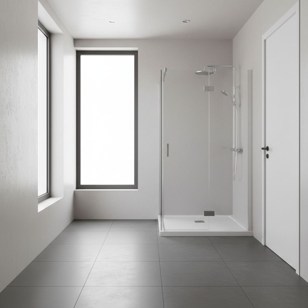 Jasna, przestronna łazienka w stylu minimalistycznym. W centralnym punkcie znajduje się elegancka kabina prysznicowa Radaway z serii Essenza New, z dużymi taflami szkła i lśniącymi, chromowanymi detalami. Wnętrze jest skąpane w miękkim, naturalnym świetle wpadającym przez duże okno. Na podłodze leżą duże, szare płytki, a na ścianach widać subtelną teksturę betonu architektonicznego. Całość tworzy atmosferę luksusu, spokoju i relaksu.