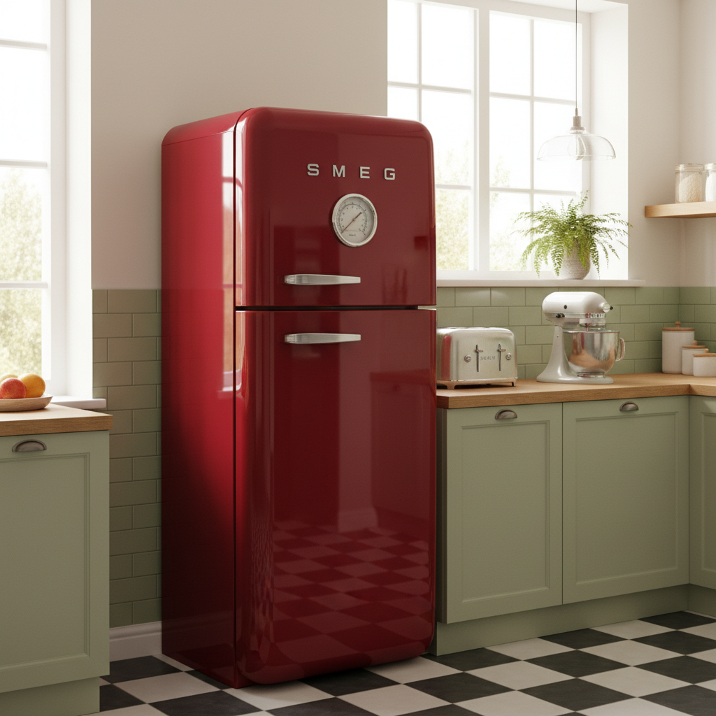 Wolnostojąca lodówka w intensywnym, czerwonym kolorze i stylu retro.
