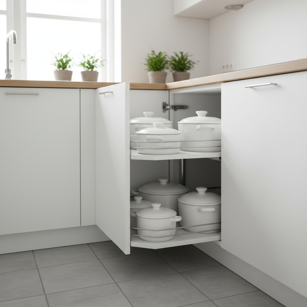 Jasna, dobrze oświetlona mała kuchnia w skandynawskim stylu. W centrum uwagi znajduje się otwarta szafka narożna z systemem Le Mans, na której elegancko ułożone są białe garnki i patelnie. W tle widać minimalistyczne fronty szafek i drewniany blat.