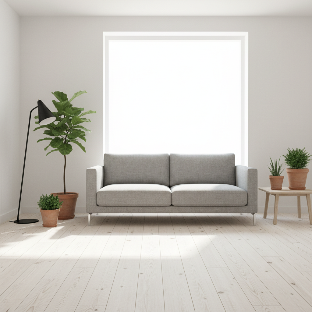 Jasne, minimalistyczne wnętrze w stylu skandynawskim. Na podłodze leżą szerokie deski z jasnego, bielonego dębu. W pomieszczeniu stoi prosta, szara kanapa, metalowa lampa podłogowa i kilka roślin doniczkowych. Duże okno wpuszcza mnóstwo naturalnego światła, które podkreśla subtelną fakturę drewna.