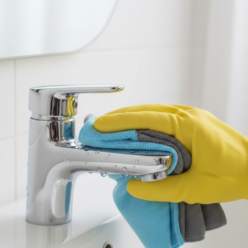 Zbliżenie na dłoń w żółtej rękawiczce, która poleruje lśniący, chromowany kran w łazience za pomocą nowoczesnej, dwukolorowej ściereczki z mikrofibry. Na kranie widoczne są pojedyncze, krystalicznie czyste krople wody. Tło jest jasne i lekko rozmyte.