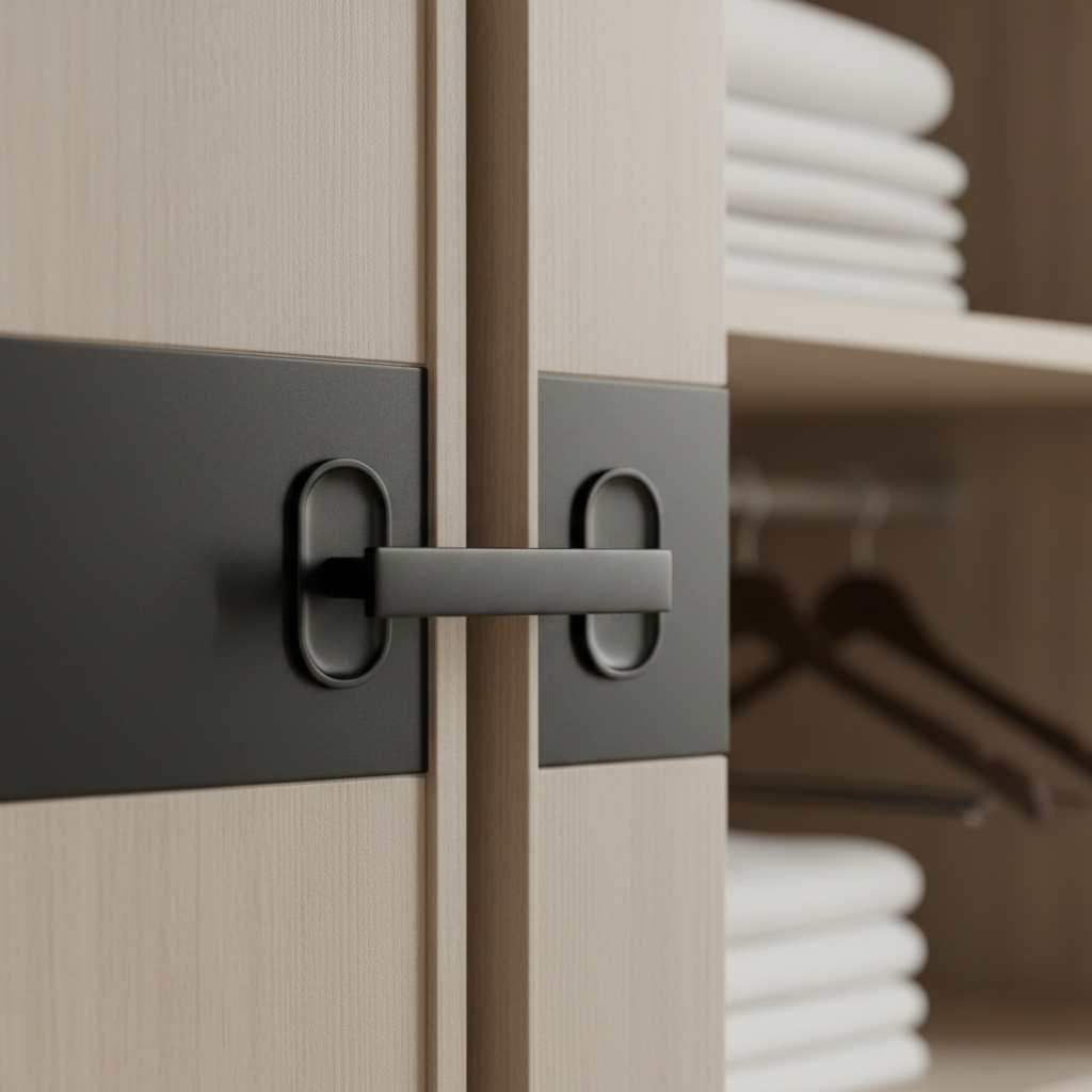 Zbliżenie na elegancki, czarny uchwyt drzwi przesuwnych szafy wnękowej. W tle widać idealnie spasowane krawędzie drzwi i fragment uporządkowanego wnętrza. Oświetlenie jest subtelne i skupione na detalu.