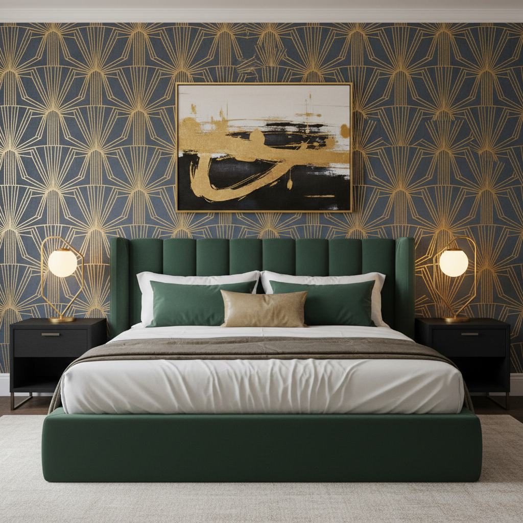 Ściana za dużym, tapicerowanym łóżkiem w kolorze butelkowej zieleni pokryta jest tapetą z odważnym, złotym wzorem geometrycznym w stylu art déco. Po bokach łóżka stoją proste, czarne stoliki nocne z designerskimi, złotymi lampkami. Wnętrze jest eleganckie, luksusowe i nowoczesne.