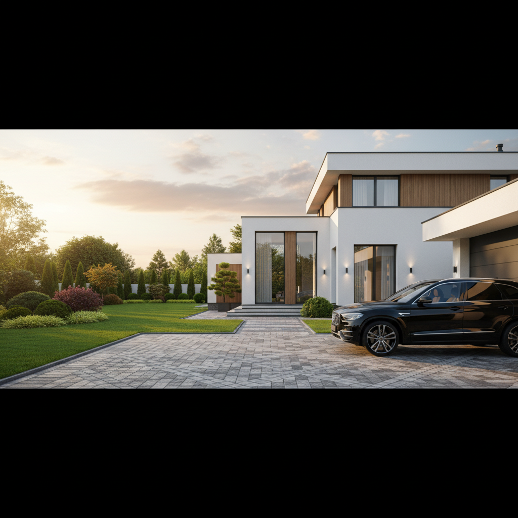 Elegancki, nowoczesny dom z geometrycznym podjazdem z szarej kostki brukowej. Na podjeździe stoi zaparkowany czarny SUV. W tle widać zadbany ogród z zielonym trawnikiem i kilkoma ozdobnymi krzewami, wszystko skąpane w ciepłym świetle popołudniowego słońca.