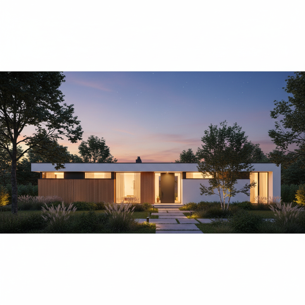 Nowoczesny dom jednorodzinny o prostej bryle, którego elewacja jest częściowo pokryta pionowymi, ciepłymi deskami z drewna, a częściowo gładkim, białym tynkiem. Dom jest otoczony zielenią, a ciepłe światło z okien oświetla fasadę o zmierzchu.