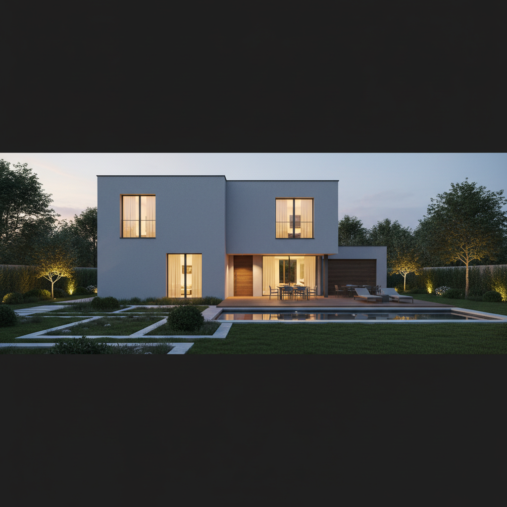 Szerokie ujęcie eleganckiego, nowoczesnego domu jednorodzinnego o minimalistycznej bryle, tuż po zmierzchu. Elewacja jest wykończona gładkim, jasnoszarym tynkiem, a ciepłe światło z dużych okien tworzy przytulną atmosferę. W tle widać zadbany ogród, co podkreśla komfort i jakość życia. Zdjęcie ma emanować spokojem, bezpieczeństwem i nowoczesną estetyką, będącą efektem zastosowania wysokiej jakości materiałów budowlanych.
