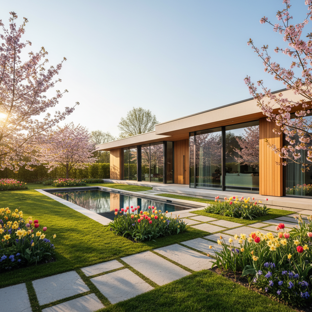 Jasny, nowoczesny dom jednorodzinny z dużymi przeszkleniami, otoczony zadbanym ogrodem w słoneczny, wiosenny dzień. Budynek emanuje czystością formy i energooszczędnością. Ciepłe światło słoneczne podkreśla harmonię architektury z naturą.
