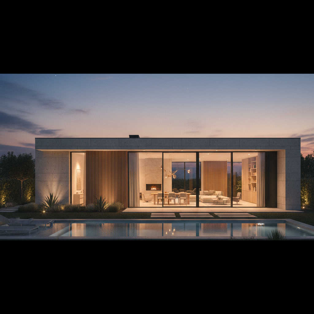 Fotorealistyczny obraz luksusowego, minimalistycznego domu jednorodzinnego o zmierzchu. Dom ma płaski dach i elewację z betonu architektonicznego i drewna. Kluczowym elementem są ogromne, czarne, aluminiowe okna i drzwi tarasowe, przez które widać ciepłe, jasno oświetlone wnętrze. Wokół domu zadbany ogród z oświetleniem punktowym.