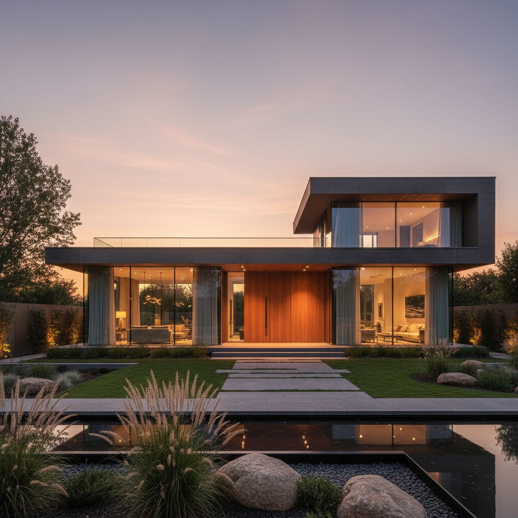 Elegancki, nowoczesny dom jednorodzinny o prostej, geometrycznej bryle, z bardzo dużymi przeszkleniami na parterze i płaskim dachem, otoczony minimalistycznie zaprojektowanym, zadbanym ogrodem o zachodzie słońca. Ciepłe, ambientowe światło wylewające się z wnętrza podkreśla jego przytulny i luksusowy charakter. Fotografia w stylu magazynu architektonicznego, hyperrealistyczna, ukazująca harmonię między budynkiem a naturą.