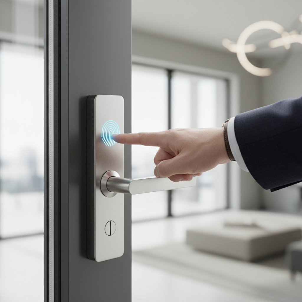 Zbliżenie na dłoń elegancko ubranej osoby przykładającej palec do czytnika linii papilarnych zintegrowanego z nowoczesną, minimalistyczną klamką drzwi. Tło jest delikatnie rozmyte, skupiając uwagę na akcie bezkluczowego otwierania drzwi. Oświetlenie jest czyste i nowoczesne.