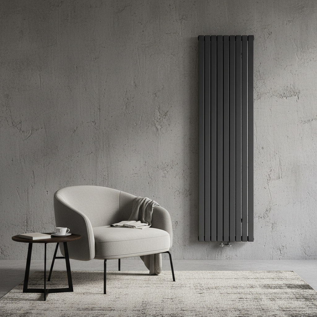 Elegancki, wysoki grzejnik pionowy w kolorze antracytowym, zamontowany na surowej, betonowej ścianie w minimalistycznym salonie. Obok grzejnika stoi designerski fotel i mały stolik kawowy, co pokazuje, że nowoczesny grzejnik może być integralnym elementem wystroju wnętrza, a nie tylko elementem instalacji.