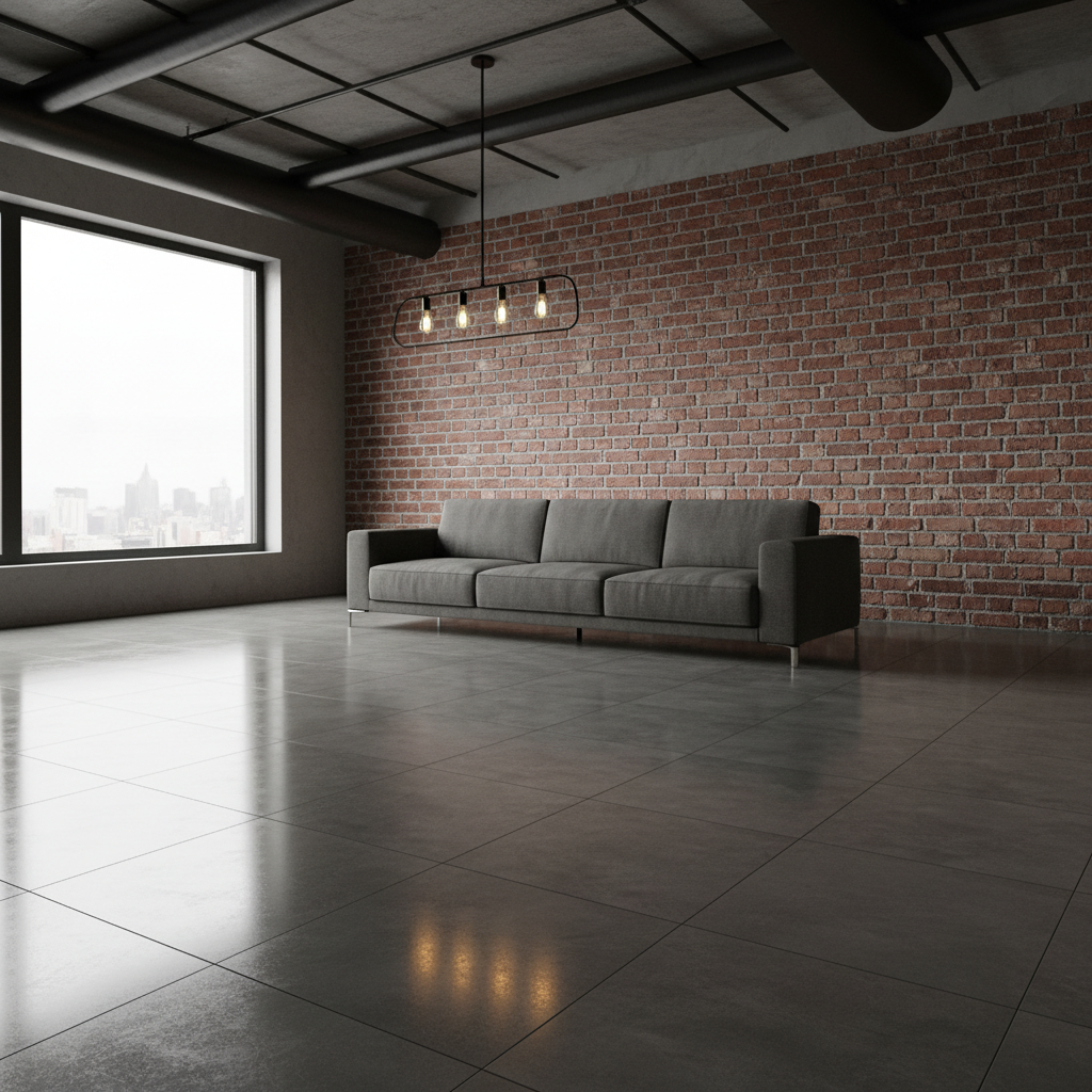 Przestronny salon w stylu loftowym z wysokim sufitem i ścianą z czerwonej cegły. Na podłodze leżą duże, kwadratowe panele laminowane o wysokim połysku, imitujące polerowany, ciemnoszary beton. Na podłodze stoi prosta, nowoczesna kanapa, a minimalistyczne oświetlenie odbija się w gładkiej powierzchni, dodając wnętrzu industrialnego szyku.