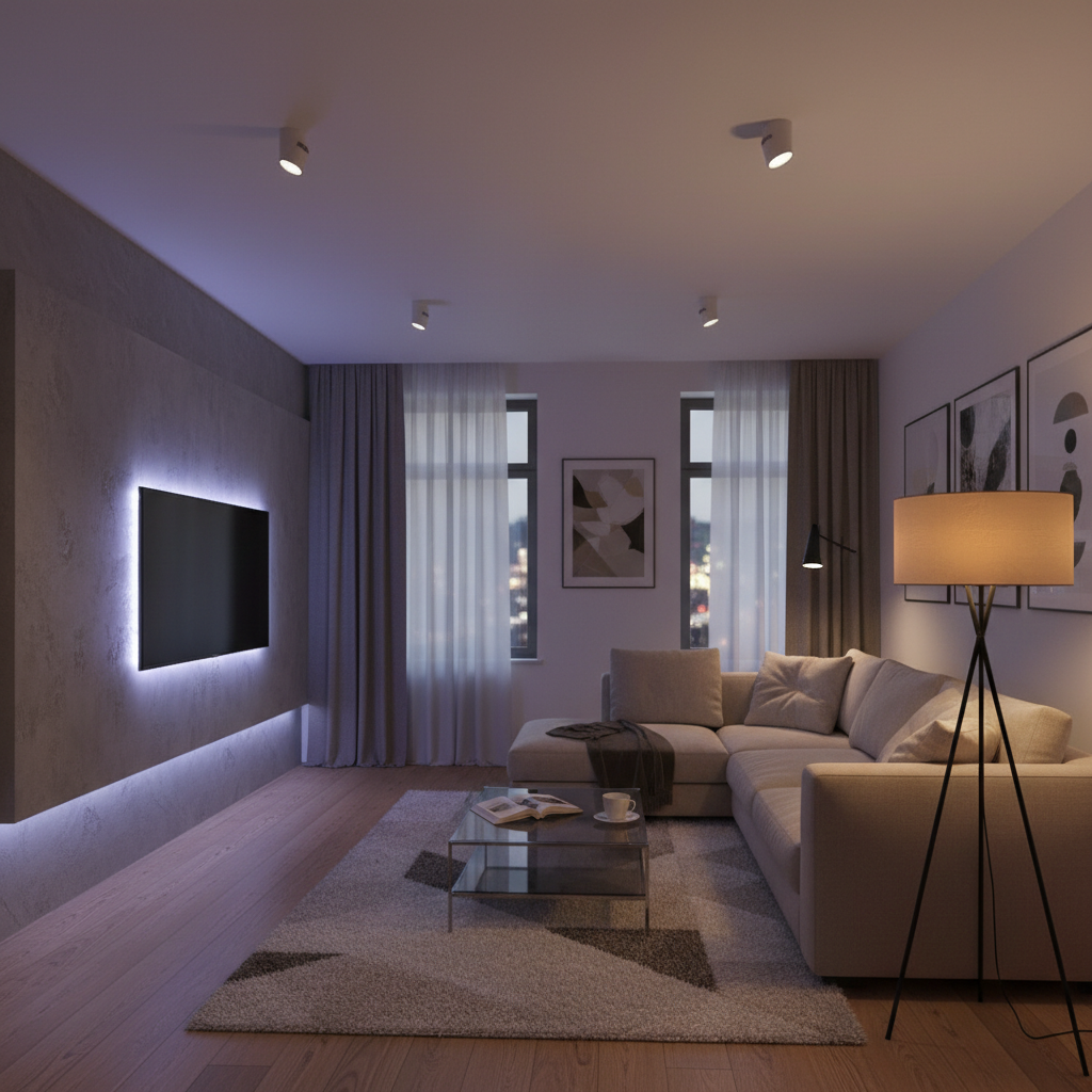Przytulny, nowocześnie urządzony salon wieczorową porą. Różnorodne źródła światła tworzą wielowymiarową atmosferę: listwa LED podświetlająca ścianę z telewizorem, stylowa lampa podłogowa z ciepłym światłem obok wygodnej sofy oraz kilka minimalistycznych reflektorów sufitowych oświetlających całą przestrzeń. Zdjęcie ukazuje, jak różne rodzaje oświetlenia mogą współgrać w jednym pomieszczeniu.