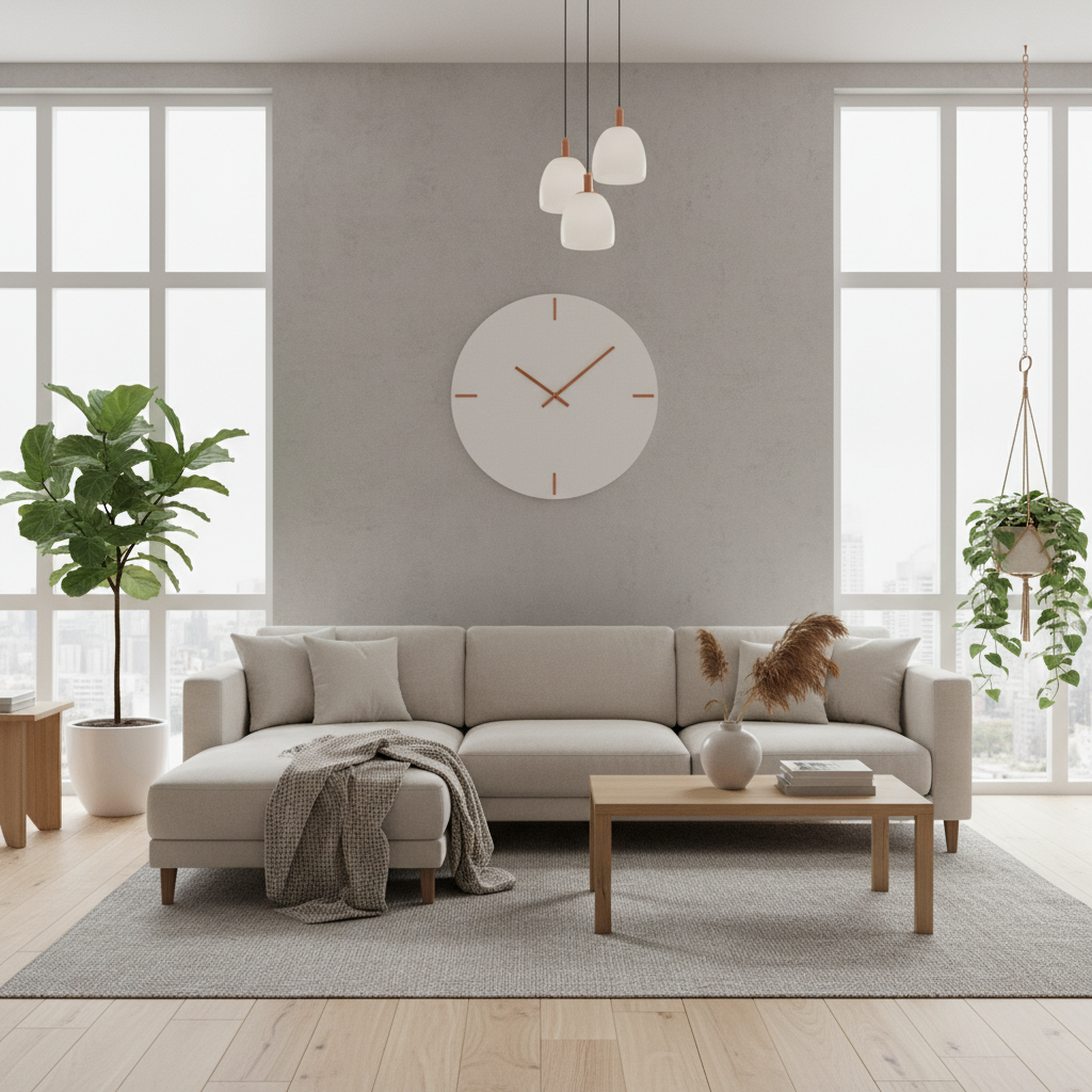 Nowoczesny salon w stylu skandynawskim, jasne, naturalne światło wpadające przez duże okna. Na centralnej, szarej ścianie wisi duży, minimalistyczny, dizajnerski zegar ścienny z miedzianymi wskazówkami. Wnętrze jest przestronne, z wygodną, jasną sofą, roślinami doniczkowymi i drewnianymi akcentami. Całość emanuje spokojem i stylem. Realistyczne, wysokiej jakości zdjęcie.