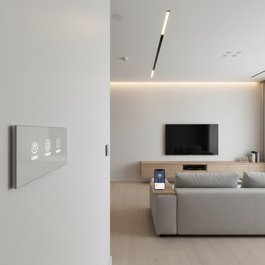 Nowoczesne, minimalistyczne wnętrze salonu, w którym dyskretnie zintegrowano elementy inteligentnego domu. Na ścianie widać elegancki panel sterowania, a w suficie subtelne czujniki ruchu. Delikatne, ambientowe oświetlenie podkreśla nowoczesny charakter przestrzeni, a w tle widać smartfon z aplikacją do zarządzania domem.